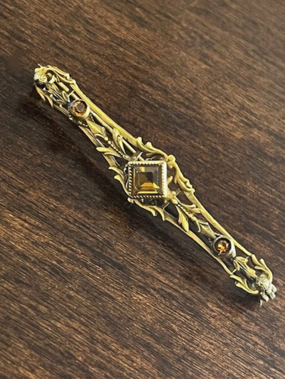Vintage Brooch Pin Art Deco Amber Stones Gold Tone Setting